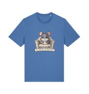 Blue animal t-shirt with a graphic of a chinchilla on an armchair and 'Just Chillin' text.