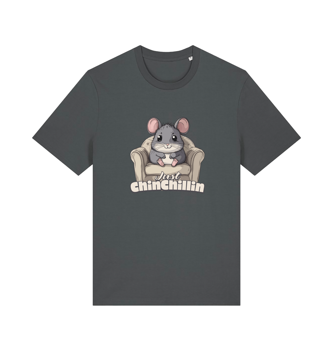 gray animal t-shirt with a graphic of a chinchilla on an armchair and 'Just Chillin' text.