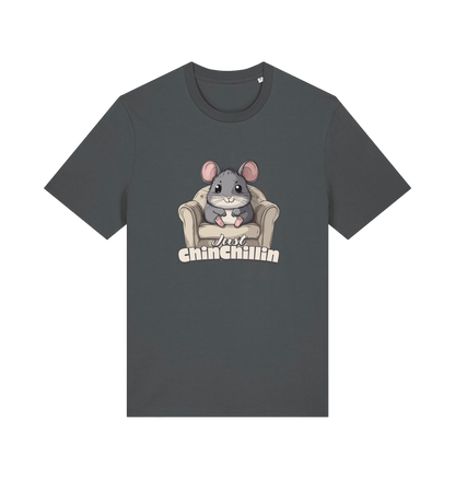 gray animal t-shirt with a graphic of a chinchilla on an armchair and 'Just Chillin' text.