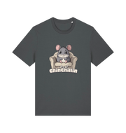 gray animal t-shirt with a graphic of a chinchilla on an armchair and 'Just Chillin' text.