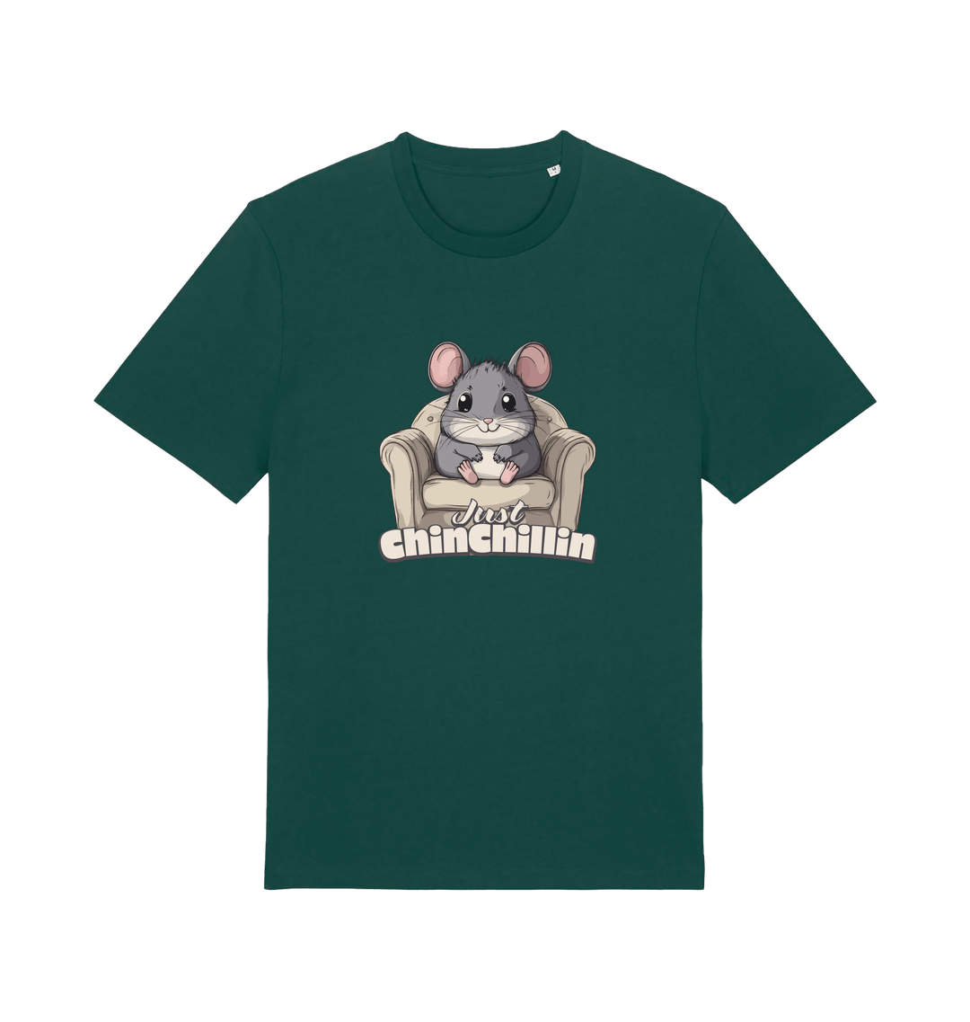 green animal t-shirt with a graphic of a chinchilla on an armchair and 'Just Chillin' text.