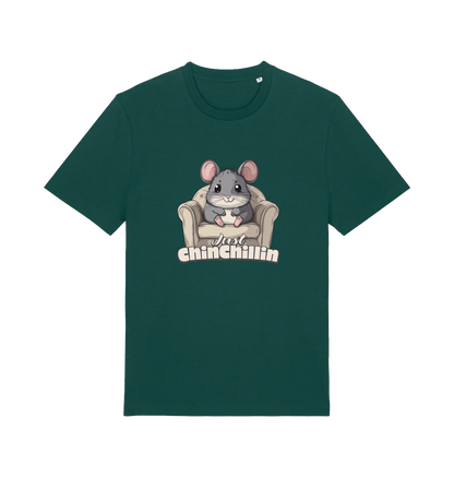 green animal t-shirt with a graphic of a chinchilla on an armchair and 'Just Chillin' text.