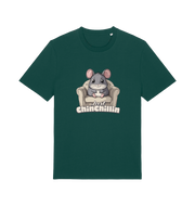 green animal t-shirt with a graphic of a chinchilla on an armchair and 'Just Chillin' text.