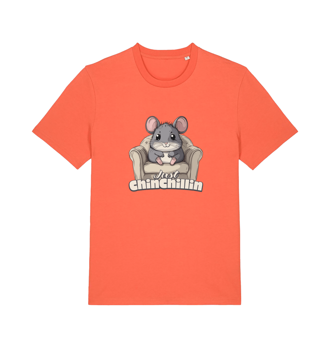 orange animal t-shirt with a graphic of a chinchilla on an armchair and 'Just Chillin' text.