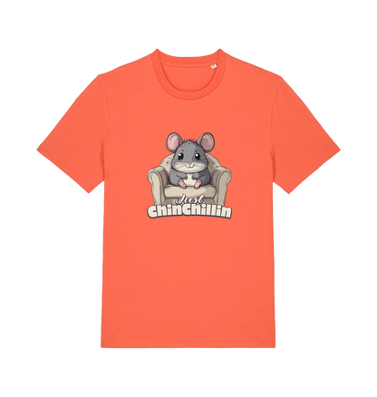 orange animal t-shirt with a graphic of a chinchilla on an armchair and 'Just Chillin' text.
