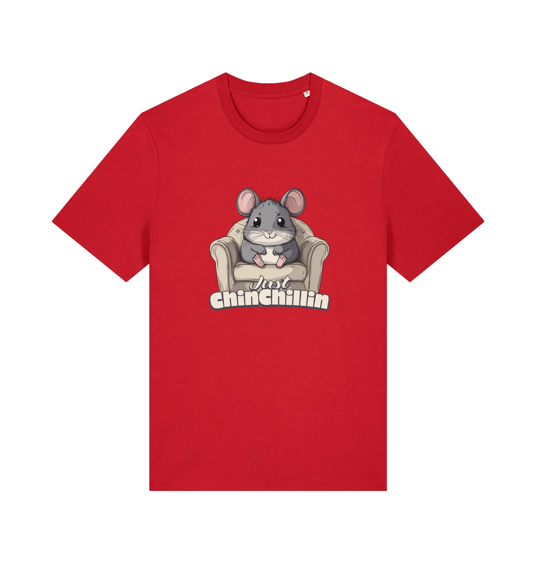 red animal t-shirt with a graphic of a chinchilla on an armchair and 'Just Chillin' text.