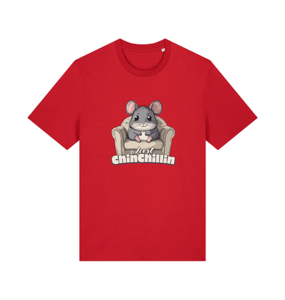red animal t-shirt with a graphic of a chinchilla on an armchair and 'Just Chillin' text.