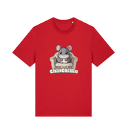 red animal t-shirt with a graphic of a chinchilla on an armchair and 'Just Chillin' text.