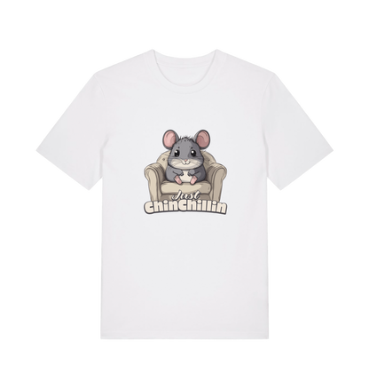 white animal t-shirt with a graphic of a chinchilla on an armchair and 'Just Chillin' text.