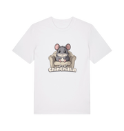 white animal t-shirt with a graphic of a chinchilla on an armchair and 'Just Chillin' text.