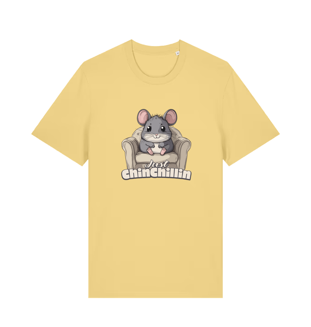 yellow animal t-shirt with a graphic of a chinchilla on an armchair and 'Just Chillin' text.