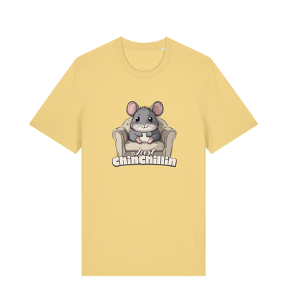yellow animal t-shirt with a graphic of a chinchilla on an armchair and 'Just Chillin' text.