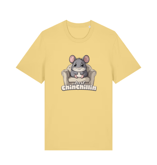 yellow animal t-shirt with a graphic of a chinchilla on an armchair and 'Just Chillin' text.