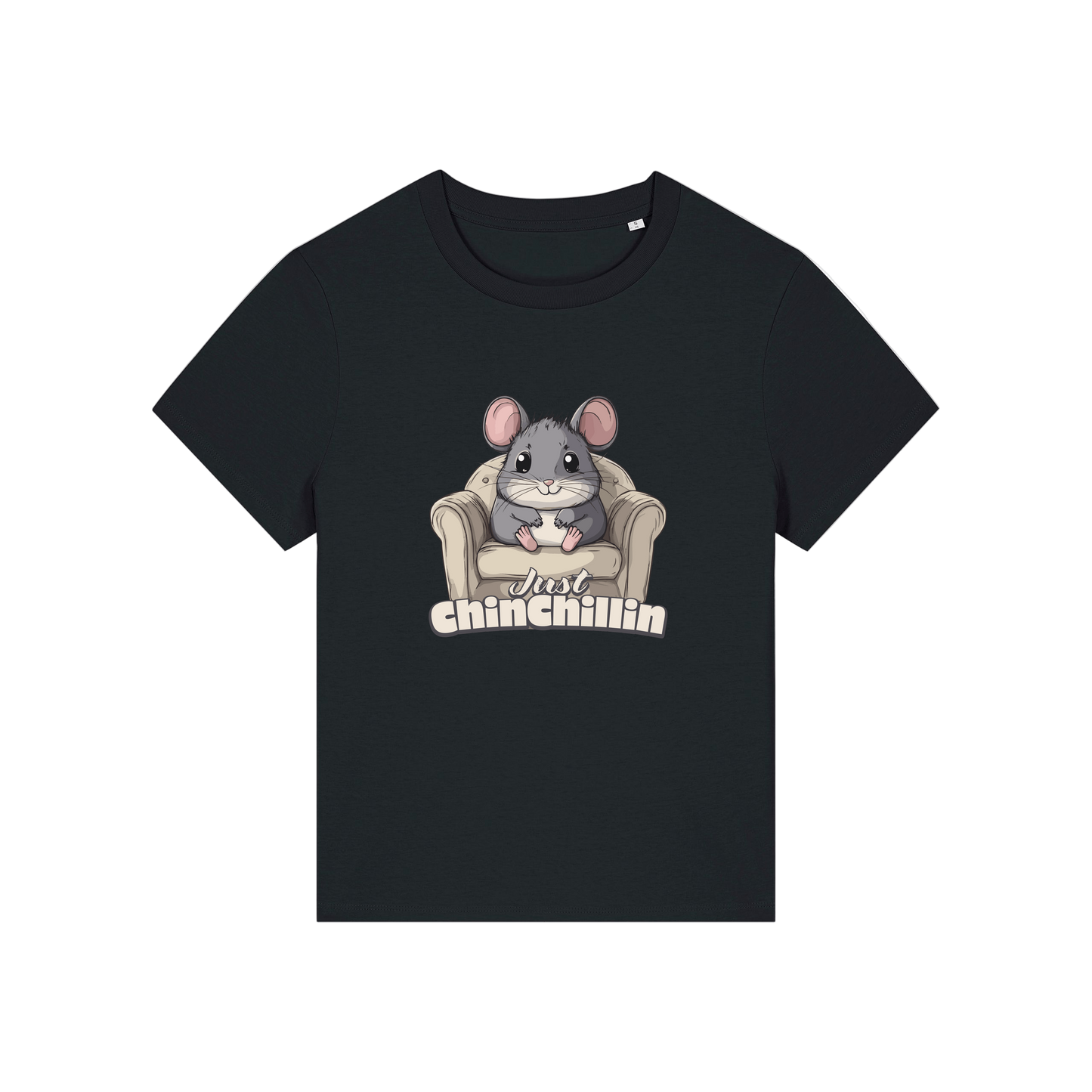 black funny animal t-shirt with the graphic of a chinchilla sat on an armchair and the slogan 'chinchillin'
