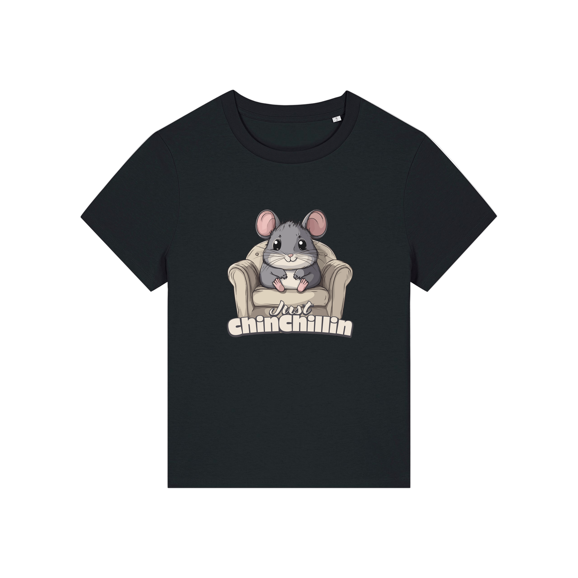black funny animal t-shirt with the graphic of a chinchilla sat on an armchair and the slogan 'chinchillin'