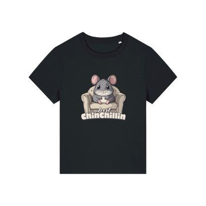 black funny animal t-shirt with the graphic of a chinchilla sat on an armchair and the slogan 'chinchillin'