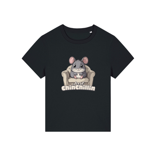 black funny animal t-shirt with the graphic of a chinchilla sat on an armchair and the slogan 'chinchillin'