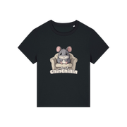 black funny animal t-shirt with the graphic of a chinchilla sat on an armchair and the slogan 'chinchillin'