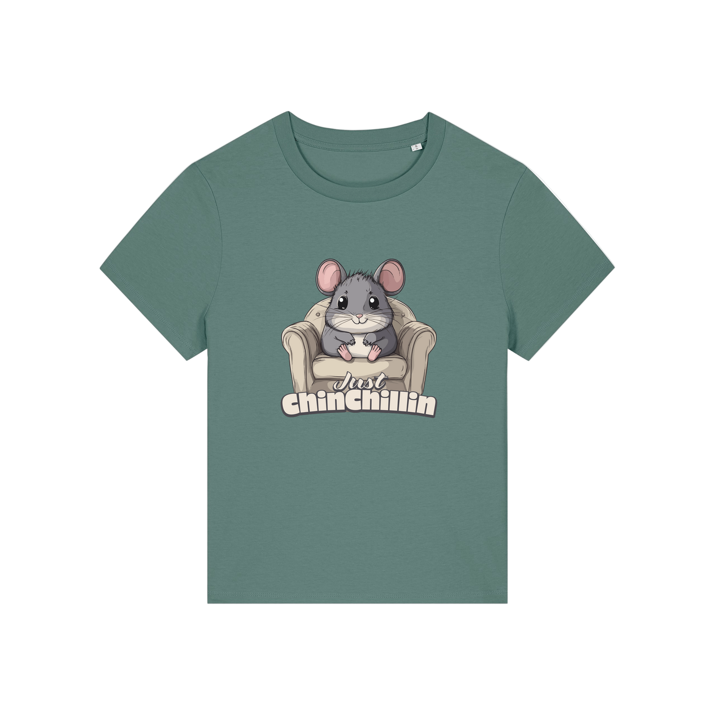 green funny animal t-shirt with the graphic of a chinchilla sat on an armchair and the slogan 'chinchillin'