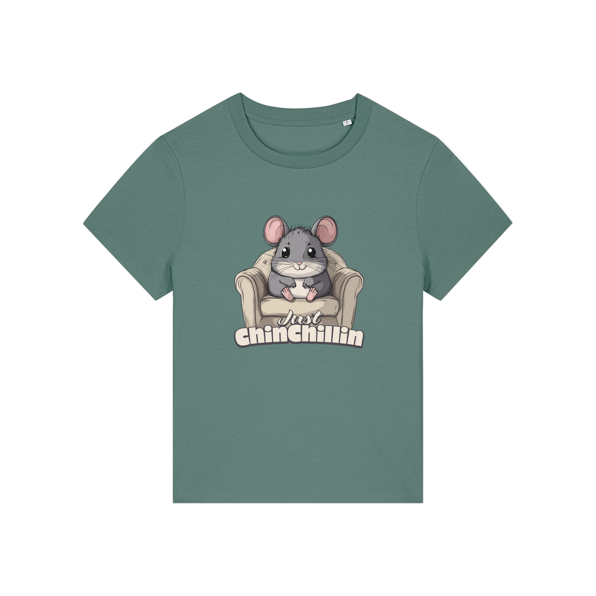 green funny animal t-shirt with the graphic of a chinchilla sat on an armchair and the slogan 'chinchillin'
