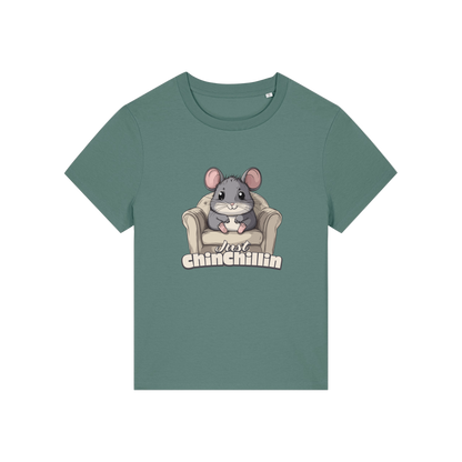 green funny animal t-shirt with the graphic of a chinchilla sat on an armchair and the slogan 'chinchillin'