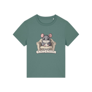 green funny animal t-shirt with the graphic of a chinchilla sat on an armchair and the slogan 'chinchillin'