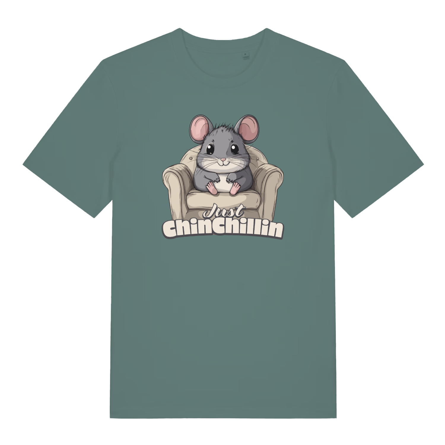 green women's funny animal t-shirt with the graphic of a chinchilla sat in an armchair and the slogan 'just chinchillin'