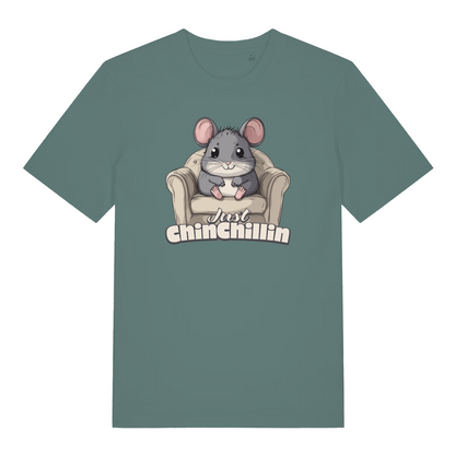green women's funny animal t-shirt with the graphic of a chinchilla sat in an armchair and the slogan 'just chinchillin'