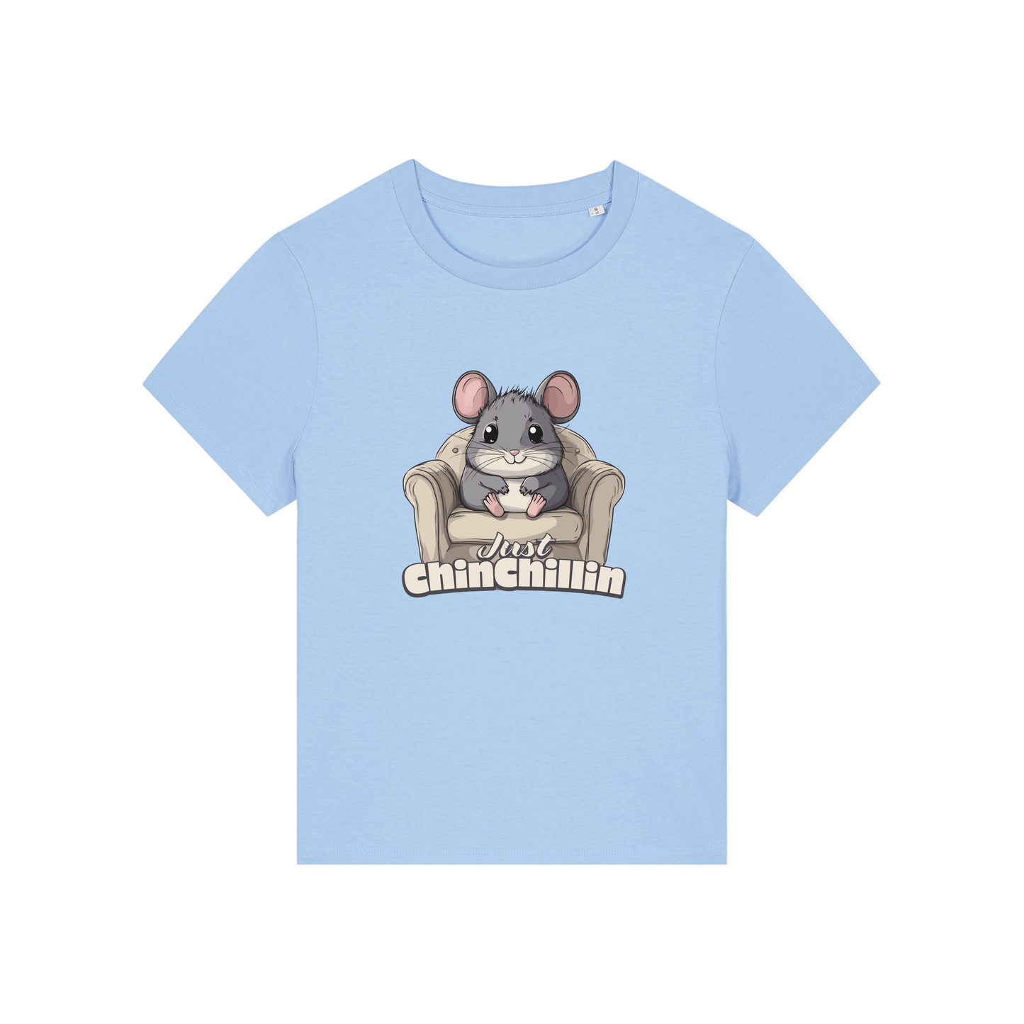 light blue funny animal t-shirt with the graphic of a chinchilla sat on an armchair and the slogan 'chinchillin'