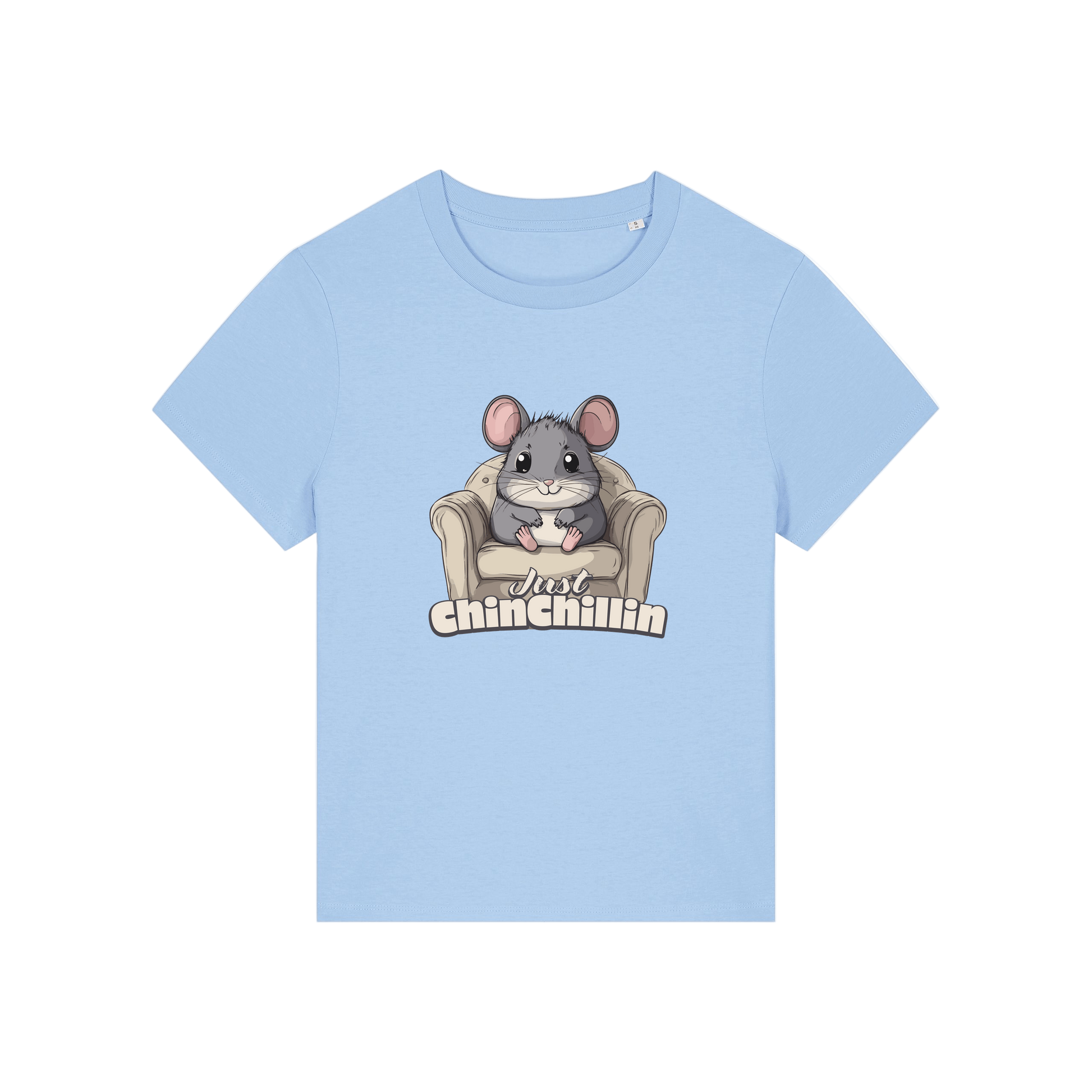 light blue funny animal t-shirt with the graphic of a chinchilla sat on an armchair and the slogan 'chinchillin'