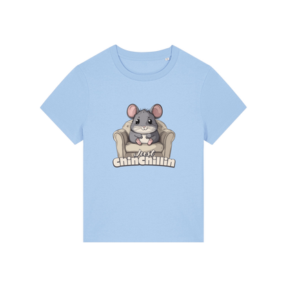 light blue funny animal t-shirt with the graphic of a chinchilla sat on an armchair and the slogan 'chinchillin'