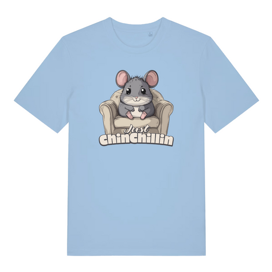 light blue women's funny animal t-shirt with the graphic of a chinchilla sat in an armchair and the slogan 'just chinchillin'