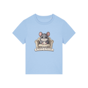 light blue funny animal t-shirt with the graphic of a chinchilla sat on an armchair and the slogan 'chinchillin'