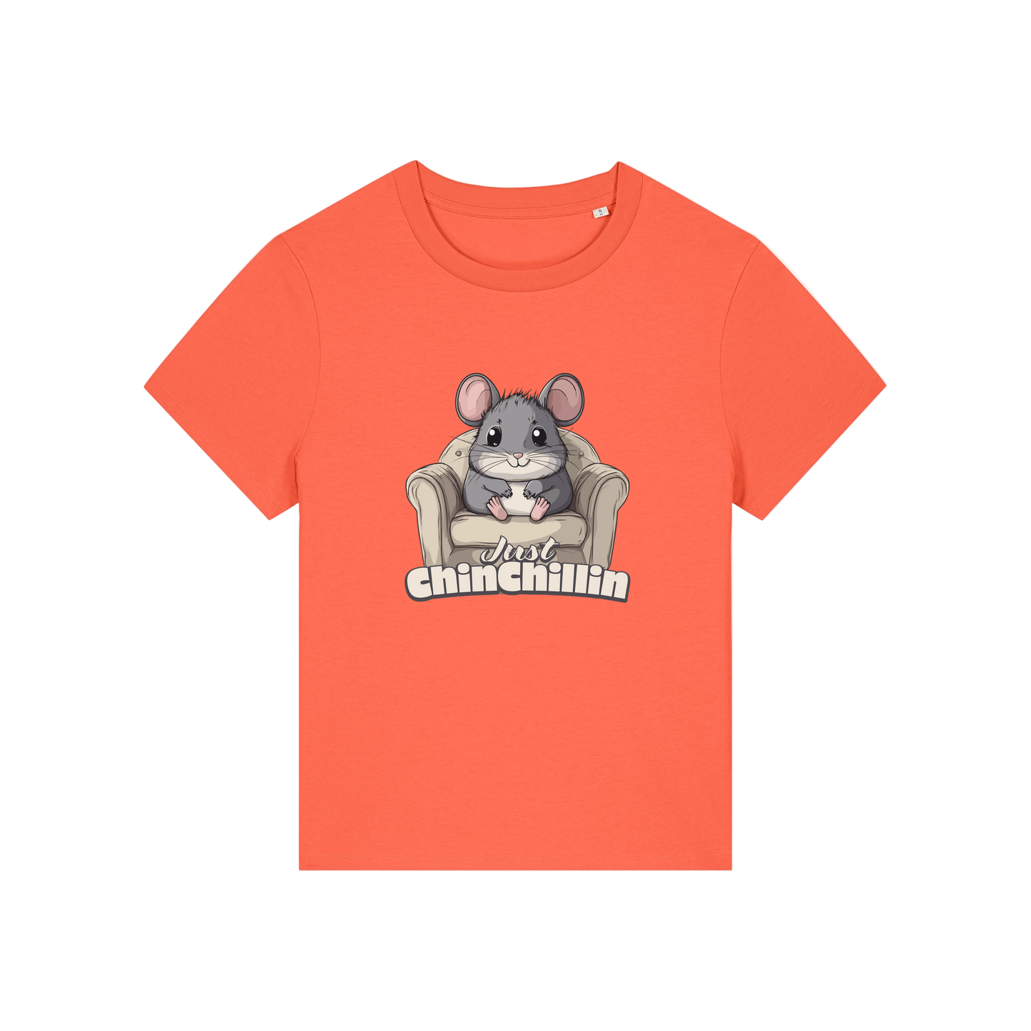 orange funny animal t-shirt with the graphic of a chinchilla sat on an armchair and the slogan 'chinchillin'
