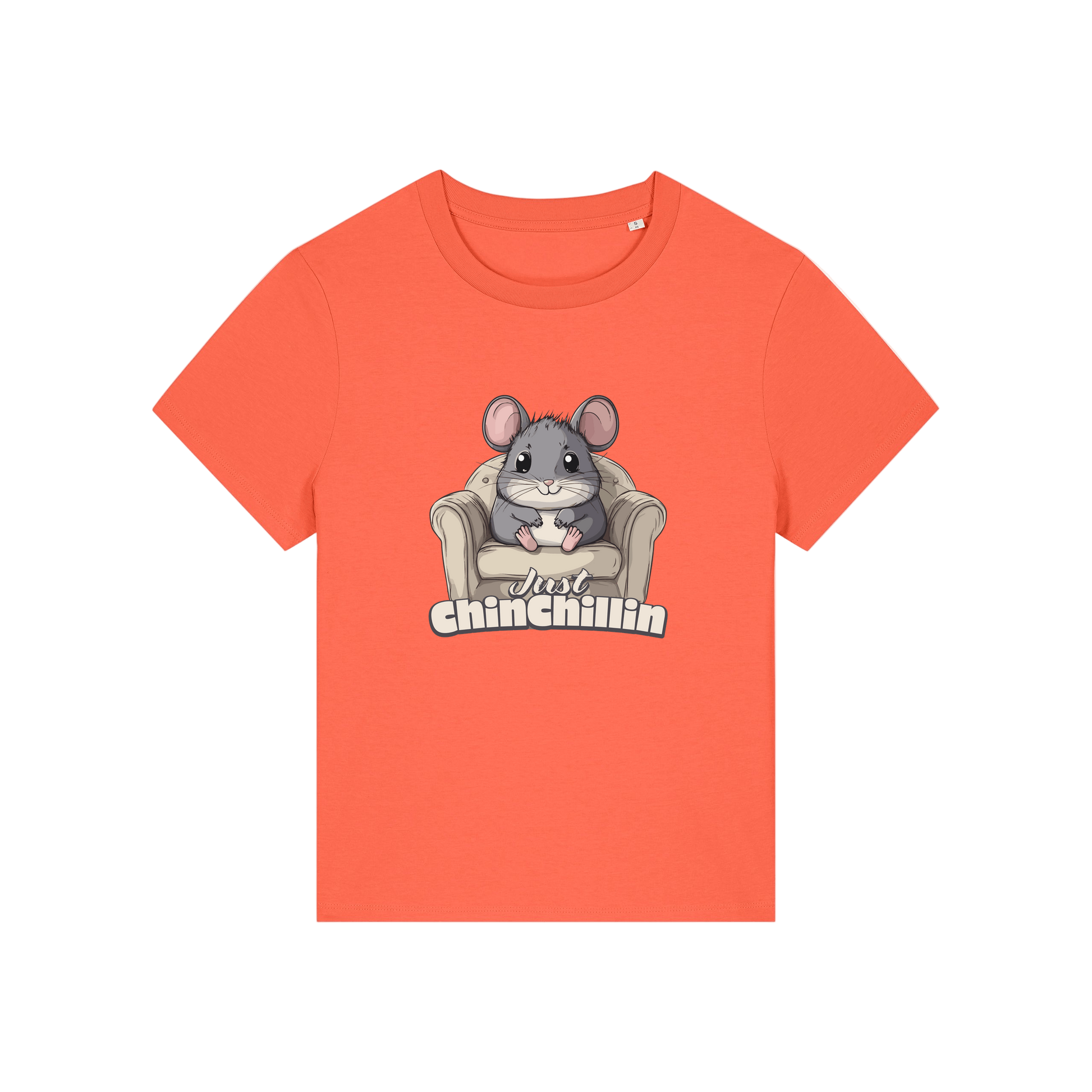 orange funny animal t-shirt with the graphic of a chinchilla sat on an armchair and the slogan 'chinchillin'