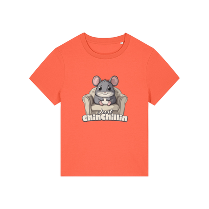 orange funny animal t-shirt with the graphic of a chinchilla sat on an armchair and the slogan 'chinchillin'