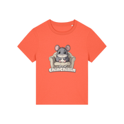 orange funny animal t-shirt with the graphic of a chinchilla sat on an armchair and the slogan 'chinchillin'