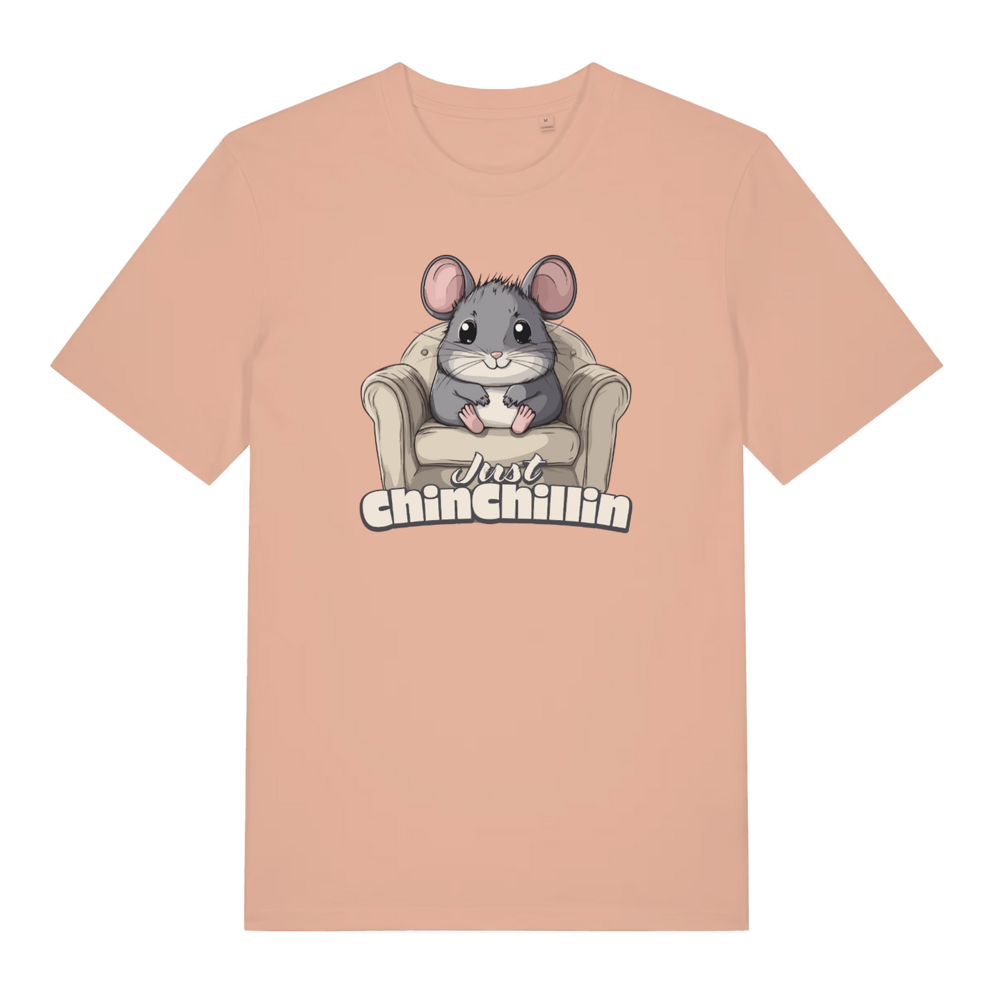 peach women's funny animal t-shirt with the graphic of a chinchilla sat in an armchair and the slogan 'just chinchillin'