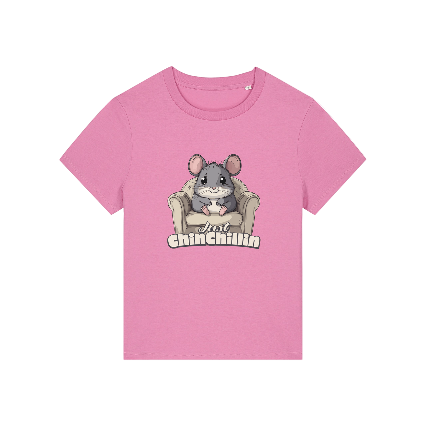 pink funny animal t-shirt with the graphic of a chinchilla sat on an armchair and the slogan 'chinchillin'