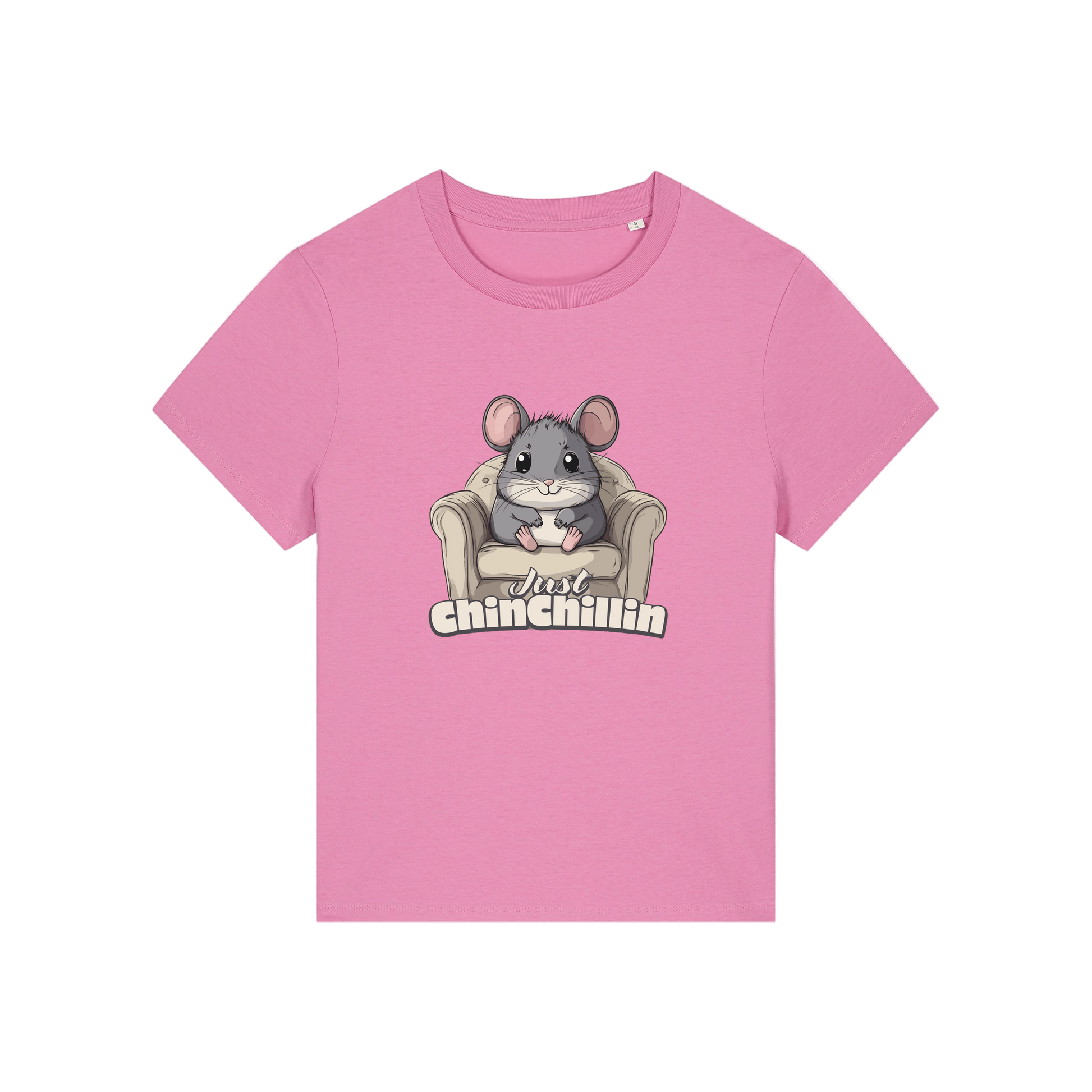 pink funny animal t-shirt with the graphic of a chinchilla sat on an armchair and the slogan 'chinchillin'