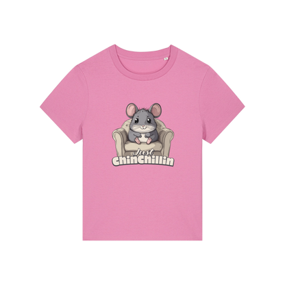 pink funny animal t-shirt with the graphic of a chinchilla sat on an armchair and the slogan 'chinchillin'