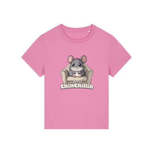 pink funny animal t-shirt with the graphic of a chinchilla sat on an armchair and the slogan 'chinchillin'