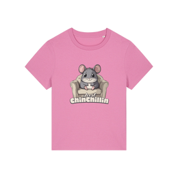 pink funny animal t-shirt with the graphic of a chinchilla sat on an armchair and the slogan 'chinchillin'