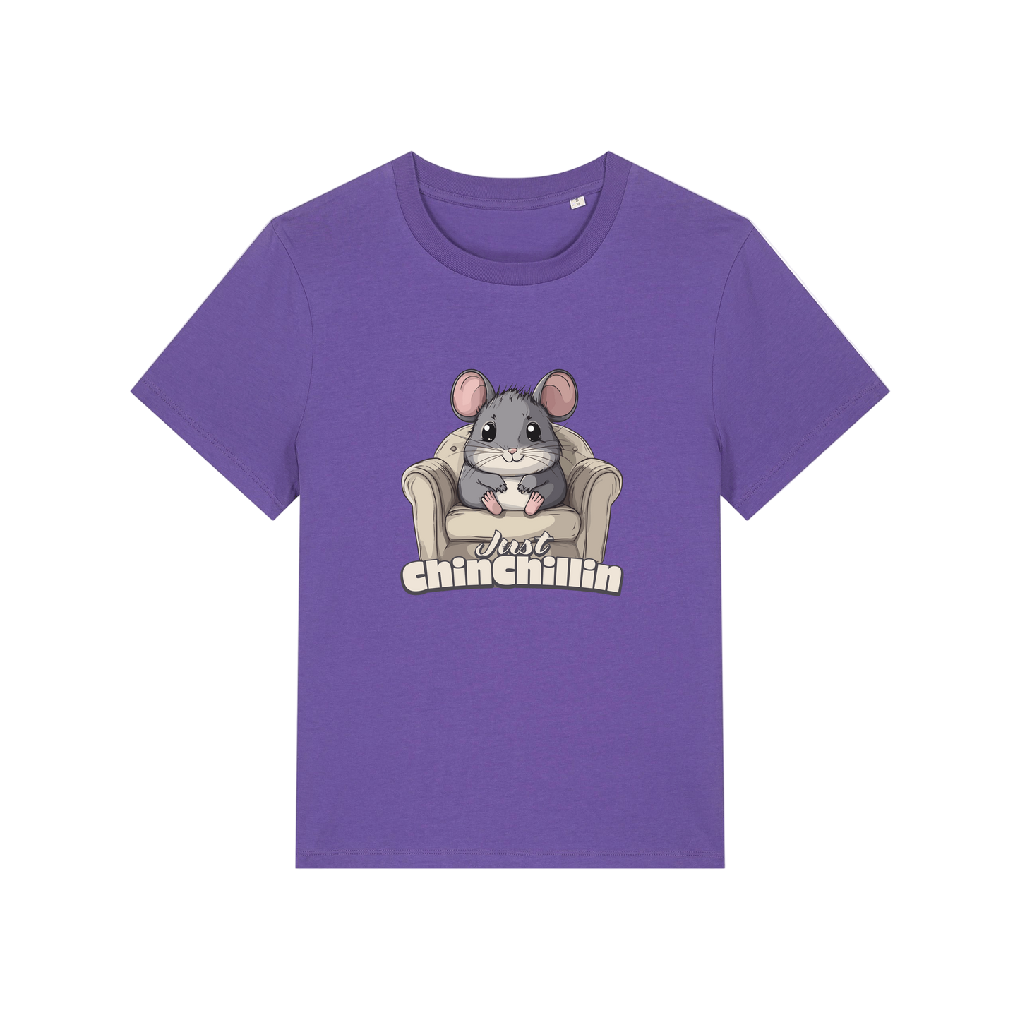 purple funny animal t-shirt with the graphic of a chinchilla sat on an armchair and the slogan 'chinchillin'