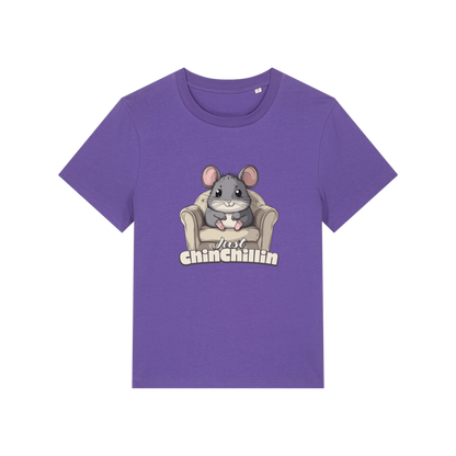 purple funny animal t-shirt with the graphic of a chinchilla sat on an armchair and the slogan 'chinchillin'