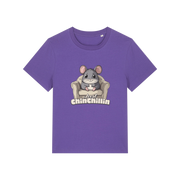 purple funny animal t-shirt with the graphic of a chinchilla sat on an armchair and the slogan 'chinchillin'