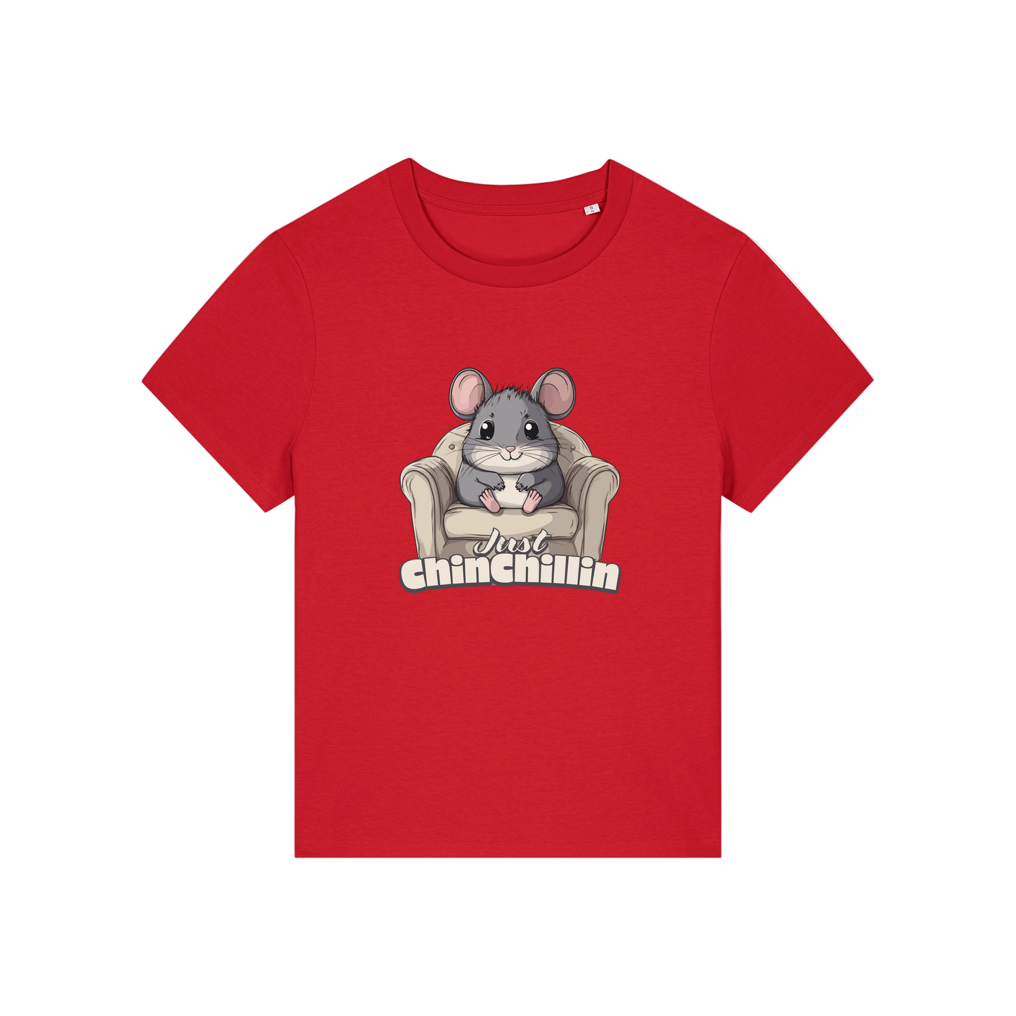 red funny animal t-shirt with the graphic of a chinchilla sat on an armchair and the slogan 'chinchillin'