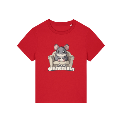 red funny animal t-shirt with the graphic of a chinchilla sat on an armchair and the slogan 'chinchillin'