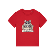 red funny animal t-shirt with the graphic of a chinchilla sat on an armchair and the slogan 'chinchillin'