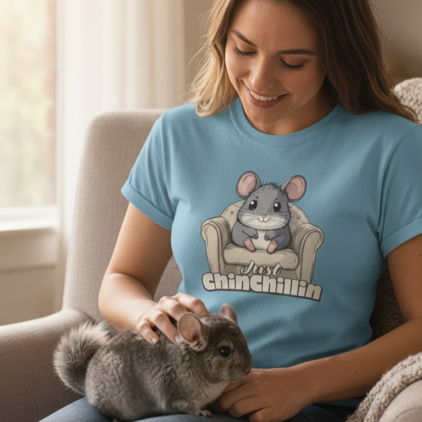 Woman wearing a sky blue t-shirt with a chinchilla graphic, sitting on a couch with a chinchilla.